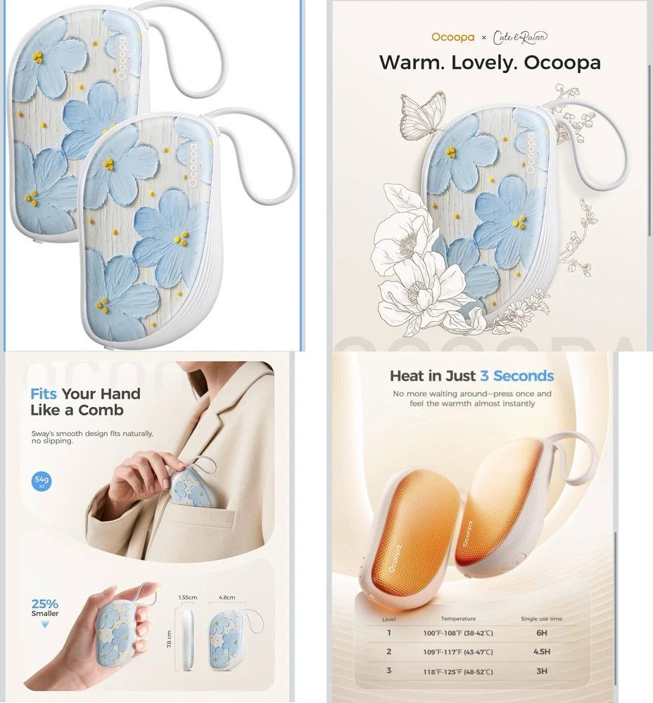 

Rechargeable Hand Warmer 2 Pack Ultra Thin Portable Electric Heater for Cold Weather Fast Heating Long Lasting Battery Winter