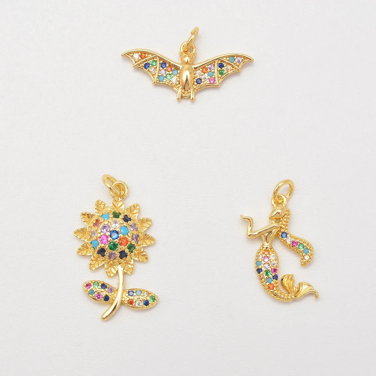 7 Pcs Colorful Zircon Pendant DIY Necklace Earring Jewelry Accessorie Lightning Satellite Star Unisex Bat Flower Mermaid Charm