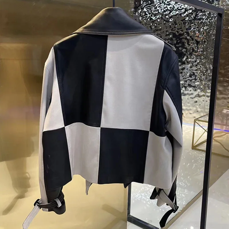 Chaqueta de cuero con solapa ancha para Mujer, abrigo corto a cuadros en blanco y negro con volantes, ropa de calle para otoño e invierno, 2024