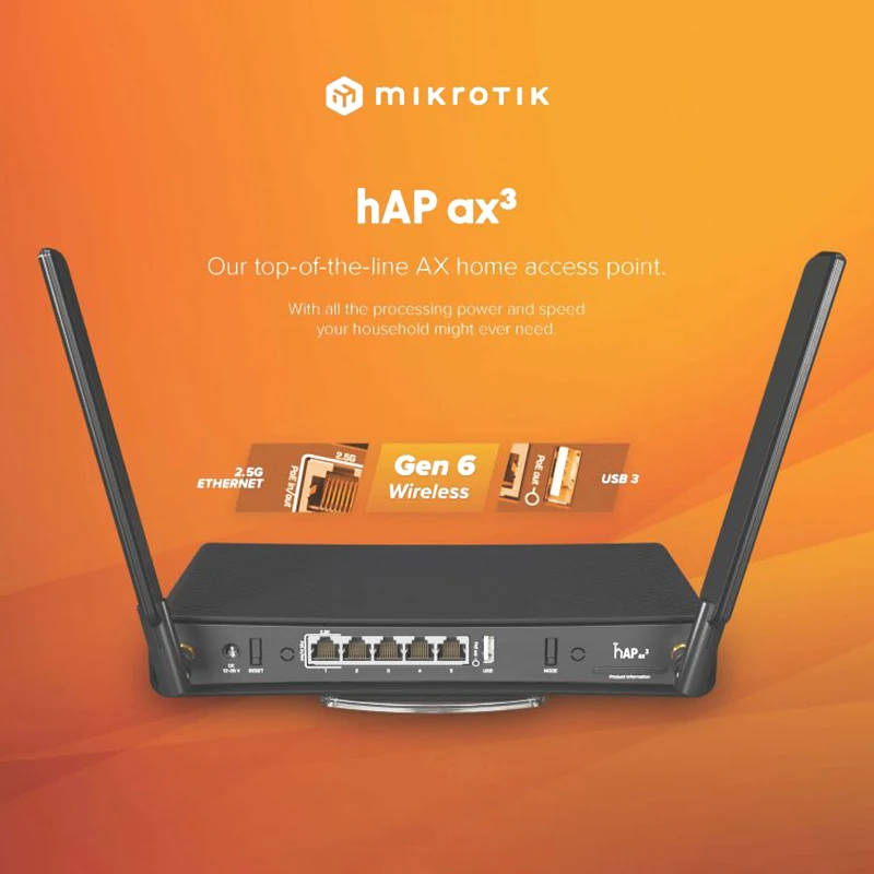 MikroTik hAP ax3 C53UiG+5HPaxD2HPaxD wifi6 2.5 Gigabit Ethernet, PoE, WPA3 Dual Band Router