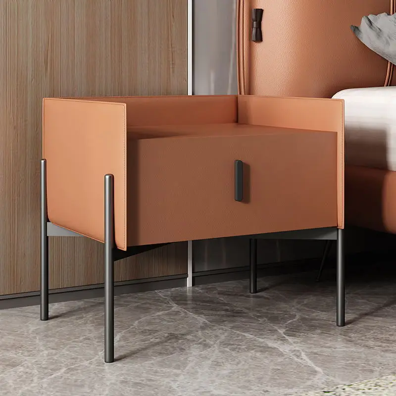 

Italian minimalist bedside table leather solid wood drawer bedside