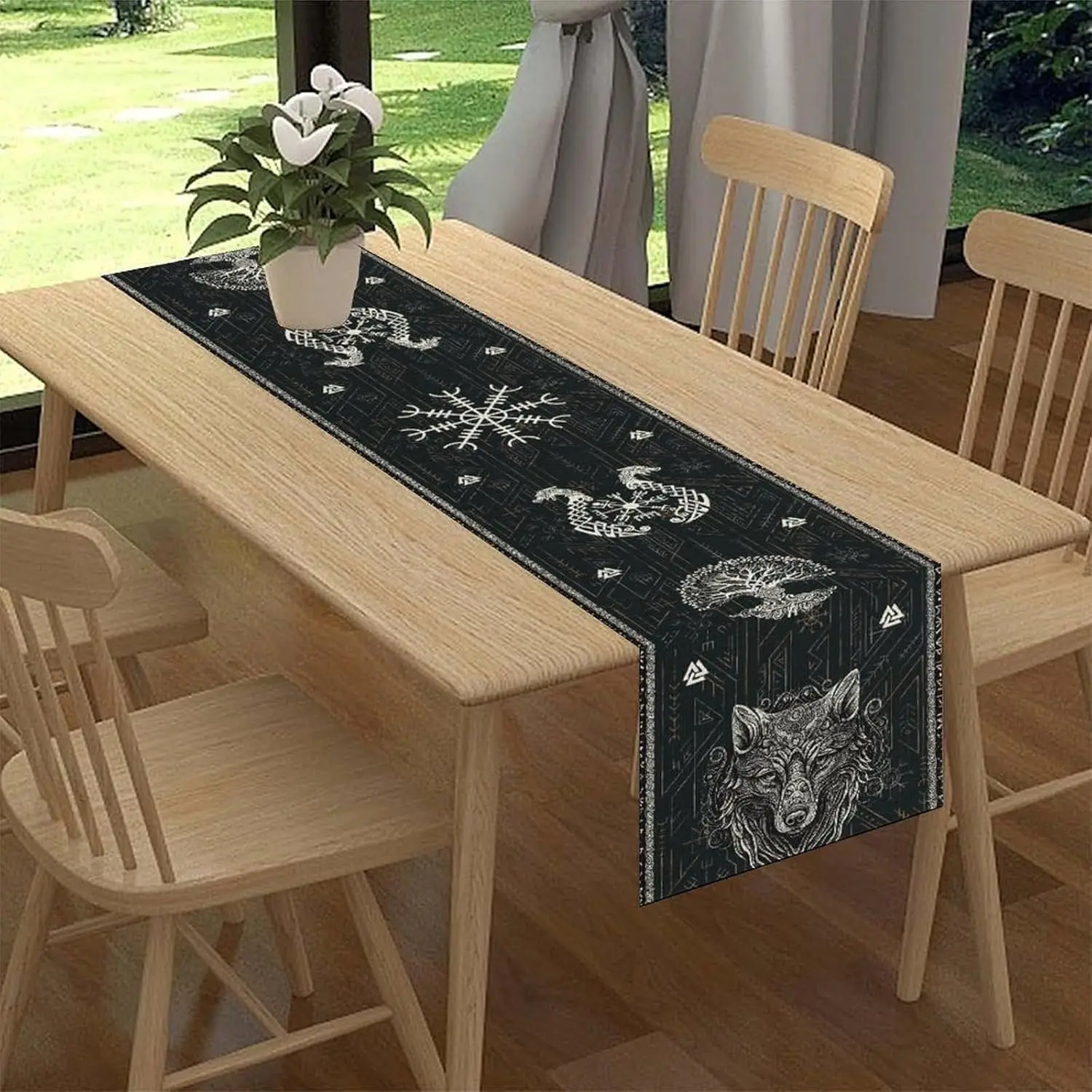 Norse Viking Raven Print Linen Table Runner Holiday Party Decor Mythology Tree of Life Animal Table Runners Kitchen Table Decor