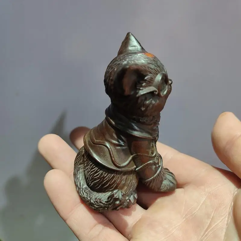 Cute Wooden Cat with Glasses Carved Scholar Cat Figurine Vintage Boxwood Animal Handheld Play Tea Pet Creative Gift