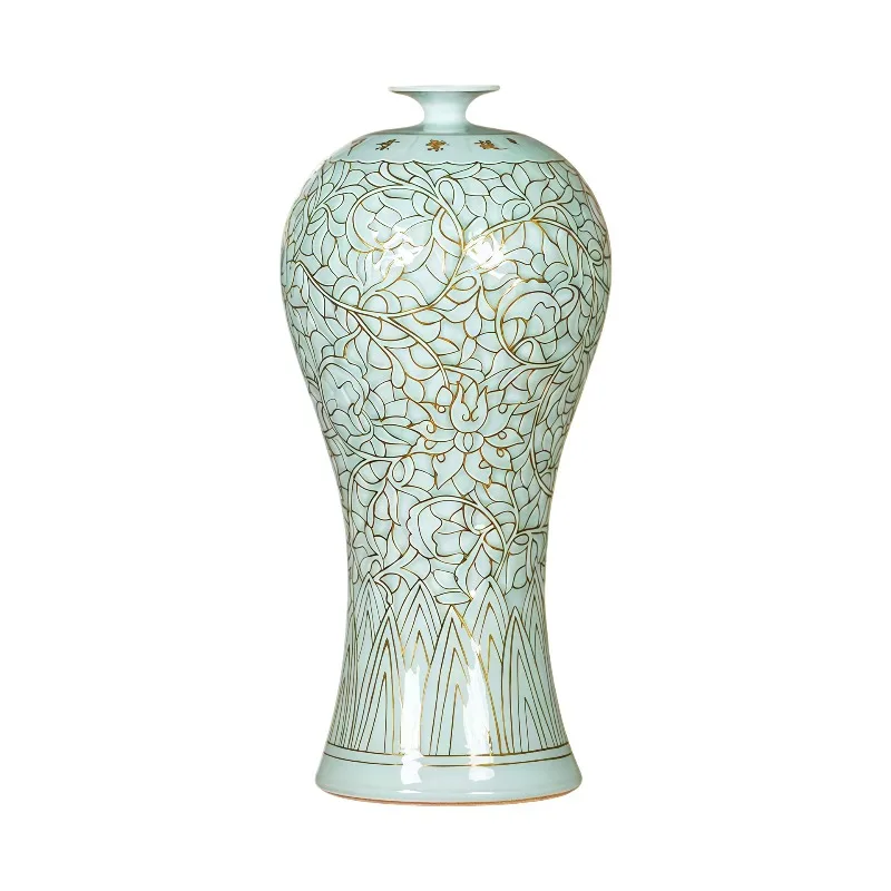 Shadow celadon gold-painted foliage beauty bottle Jingdezhen famous teacher collection vase ornament