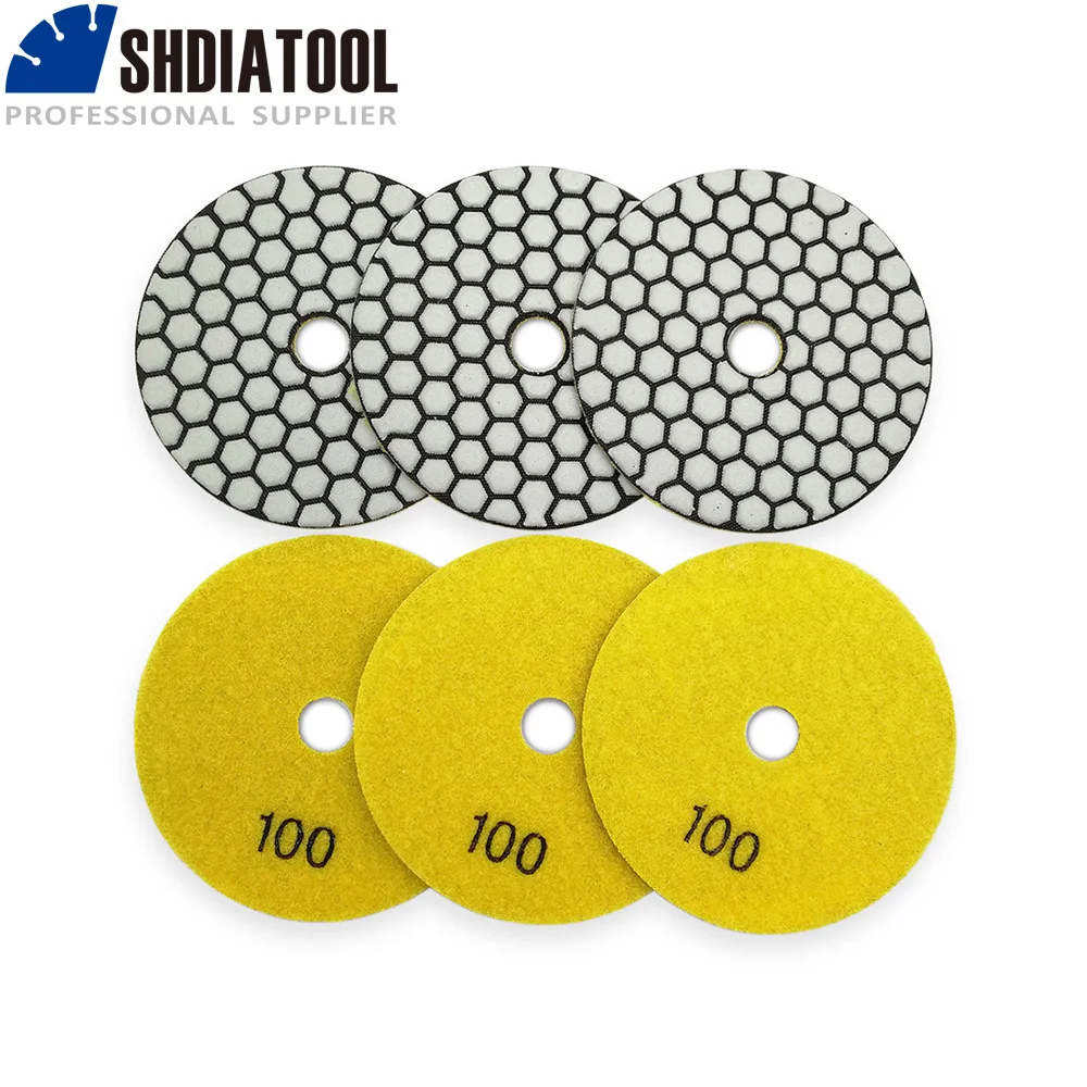 SHDIATOOL 6pcs 100mm #100 Diamond Dry Polishing Pads 4inches Sanding Disc Resin bond Flexible Abrasice Plate Marble Granite