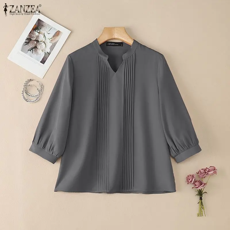 2026 ZANZEA printemps Blouses femmes col en V 3/4 manches bureau Blouse chemise décontractée couleur unie hauts plissés tunique femme Mujer Blusas