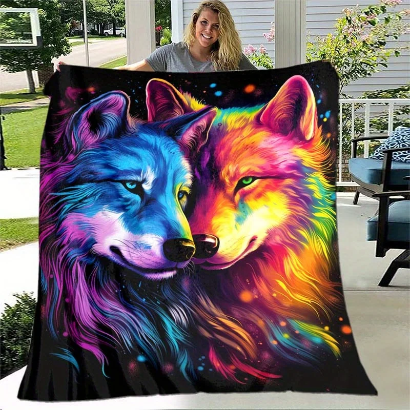 Luxurious Wolf Pair Throw Blanket Boho Fleece Cozy Decorative Animal Art Print Gift for Sofa Couch Decor