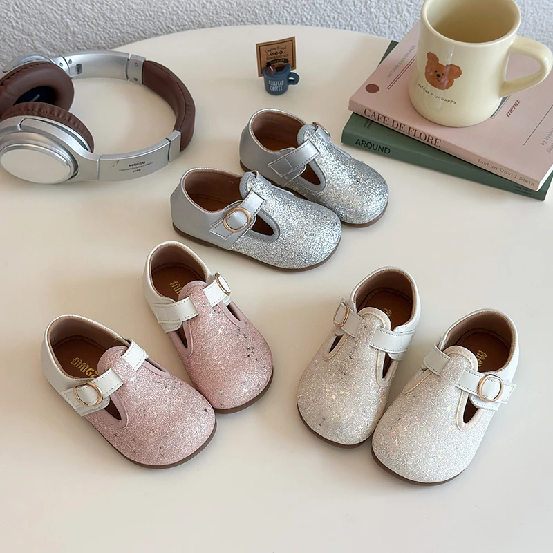 Korean Children's Shoes Autumn New Kids Fashion Shiny Paillette Leather Shoes for Girls Elegant Princess Perform Flats Simple