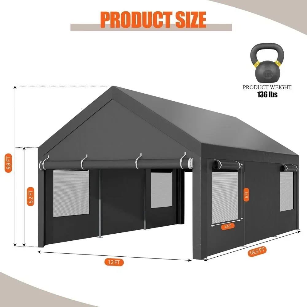 

Furniture Carport Garage Boat Heavy Duty Carport Canopy With Roll-up Windows Truck Car Canopy 12x18.5 Ft With All-Season Tarp