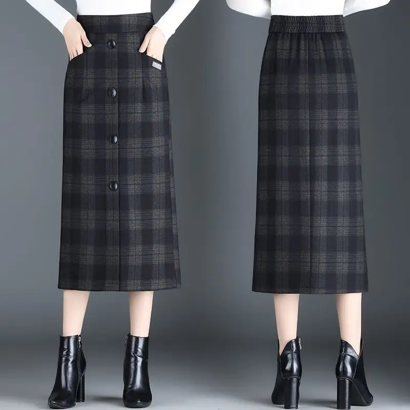 Women Checkered Knitted Skirt Autumn Winter Elastic High Waist A-line Long Skirt Female Thicken Plaid Knitted Skirts M173