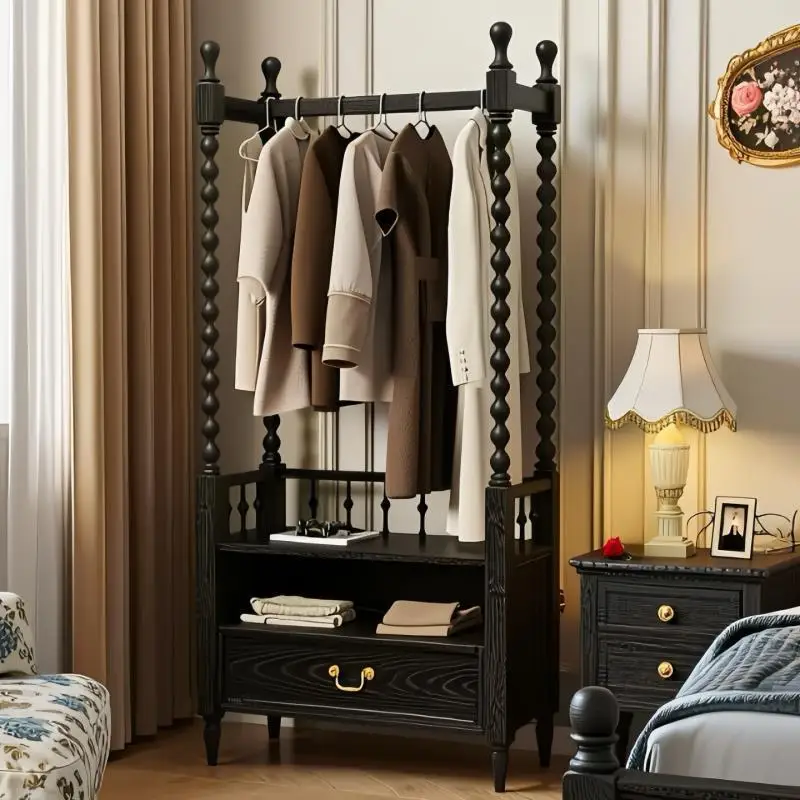 French retro solid wood hanger integrated multi-functional storage rack household bedroom with drawers floor coat rack