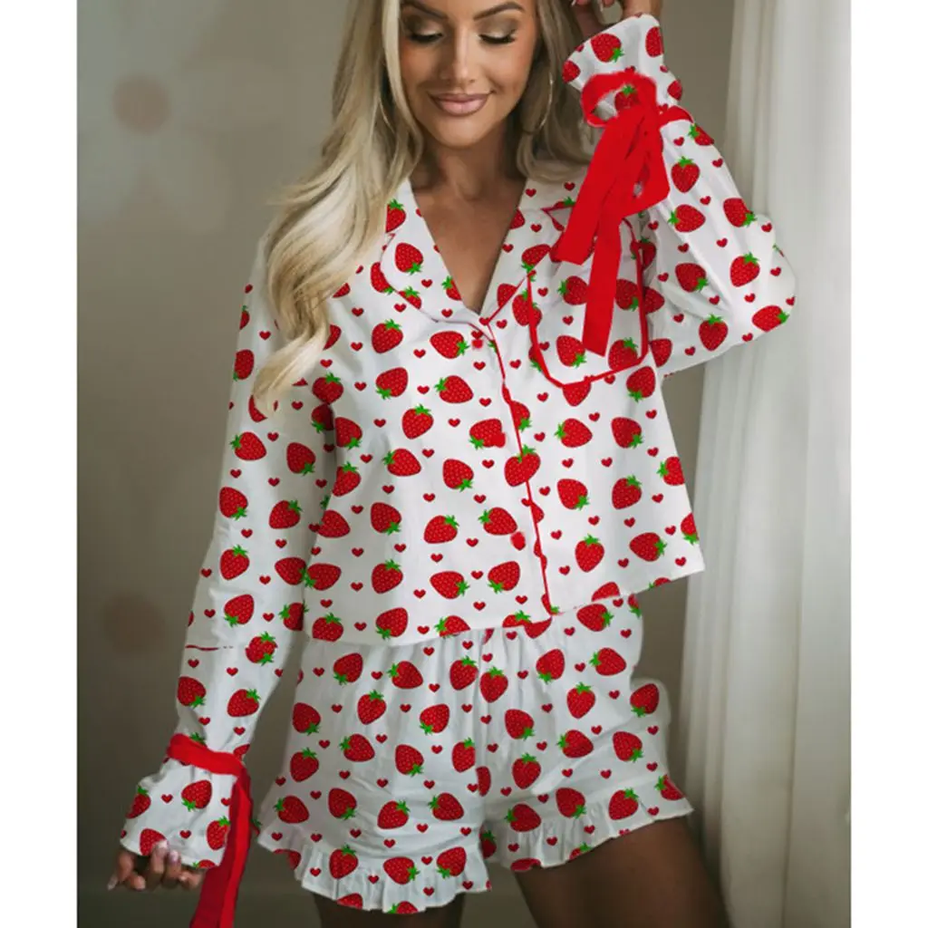 HEZIOWYUN Women\'s St. Patrick\'s Day Elements Print Bow Tied Satin Long Sleeve Button-down Crop Shirt Tops +Ruffled Hem Shorts