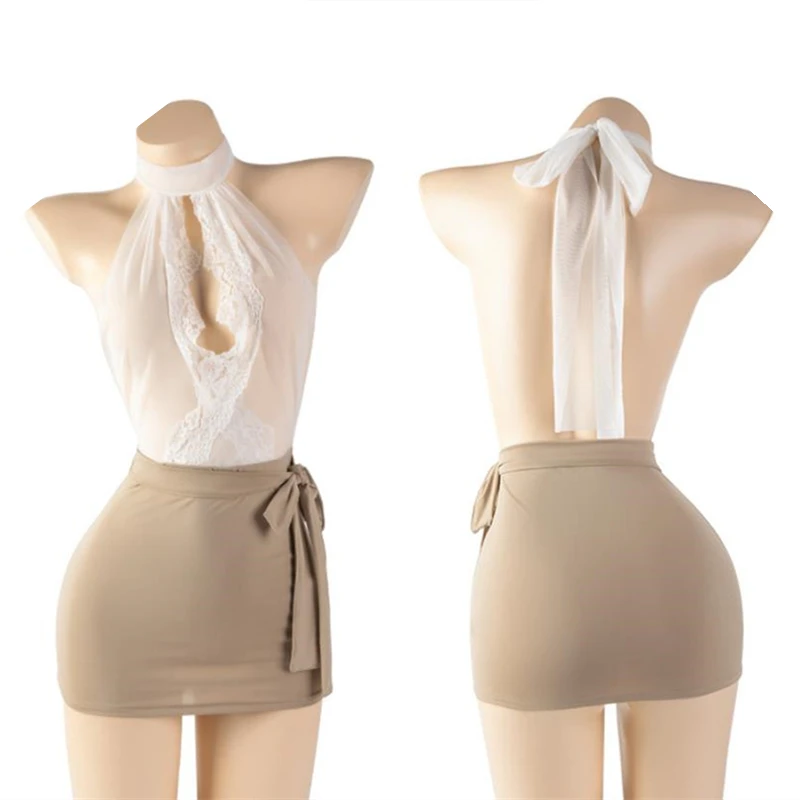 

Women's Sexy High Waist Tight Wrap Hip Skirt Lace Hot Secretary Cosplay Uniform Temptation Halter Hollow Out See-through Dress