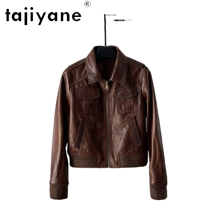 

TAJIYANE Genuine Sheepskin Leather Jacket Woman Vintage Short Moto Jacket Square Collar Leather Coat Autumn Women Clothing 2026