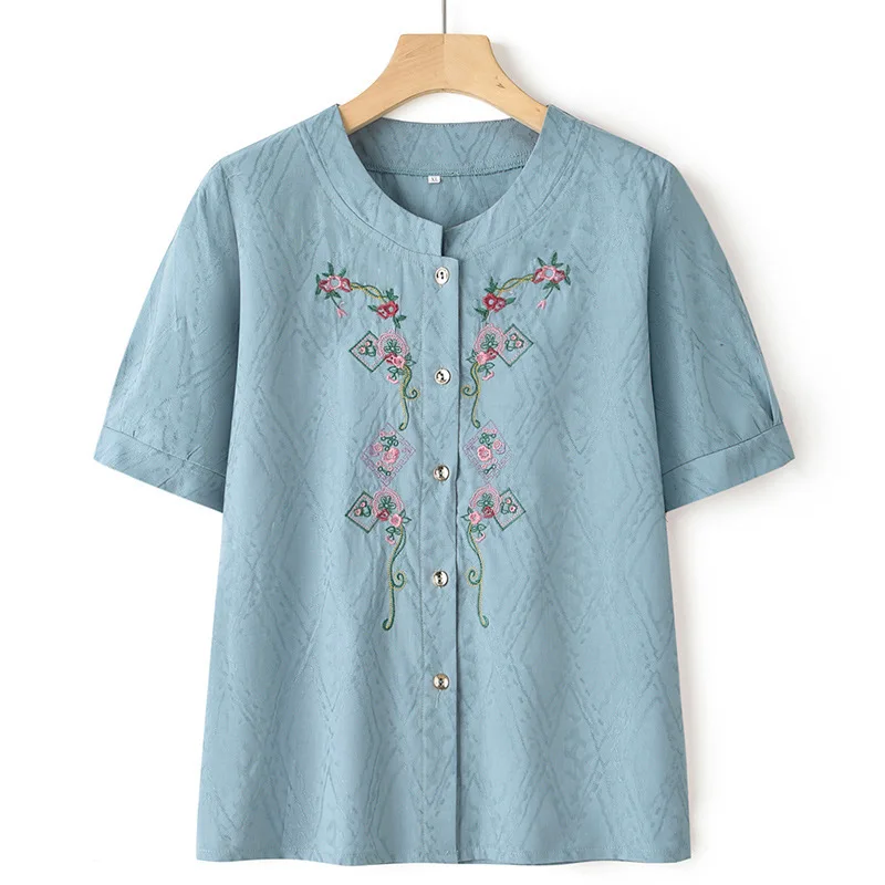Grandma\'s Summer Short Sleeve Shirt Pant Sets Cardigan 2 Piece Sets Women Outfit Embroidery Print Cotton Linen Mother Suit