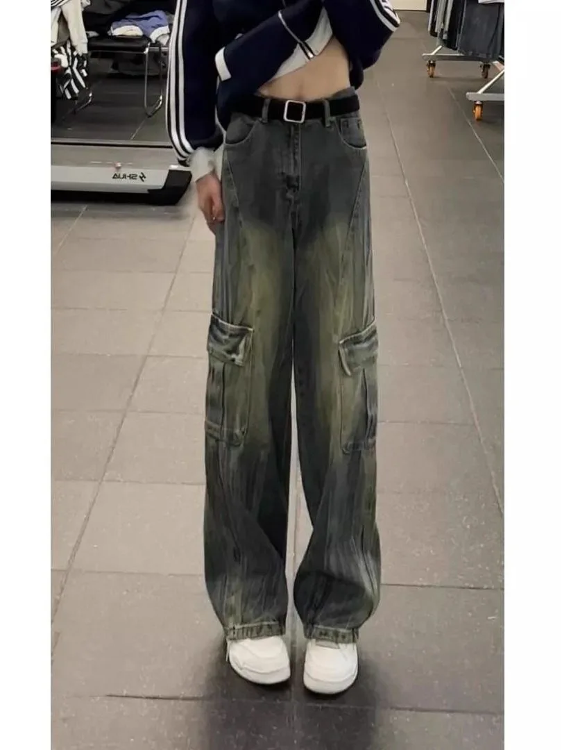 

Retro American Workwear Jeans Trendy Men's Spring Multi-Pocket High-Street Fashion Straight Leg Long Pants Casual Pure Color