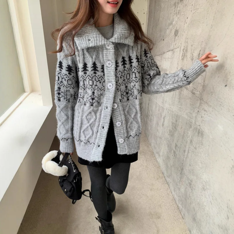

Lazy Style High Collar Geometric Pattern Long Sleeve Cardigan Fell Island Design Women's Knitted Sweater Jacket Thickened Retro