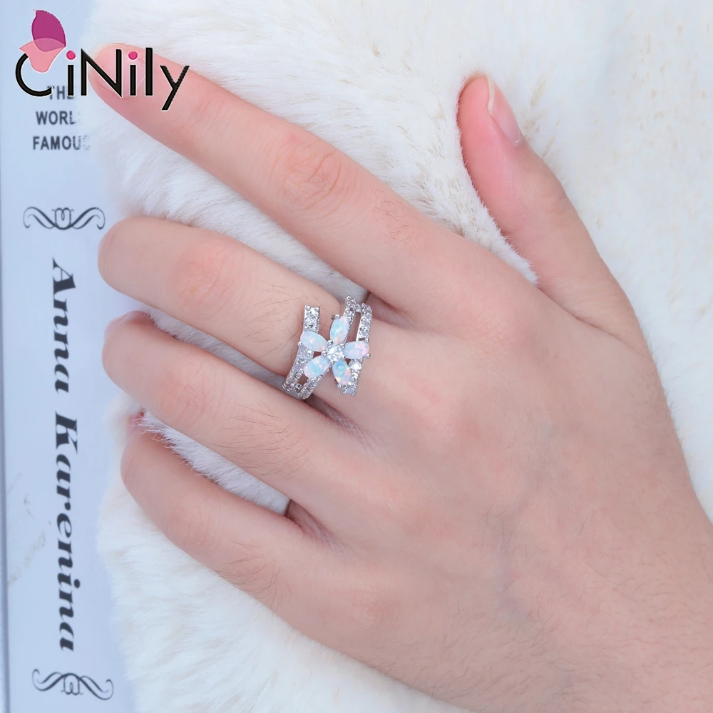 CiNily White Fire Opal Stone Rings Large Wide Filled Ring Silver Plated Flower Flora Bohemia Boho Fully-Jewelled Gifts for Women