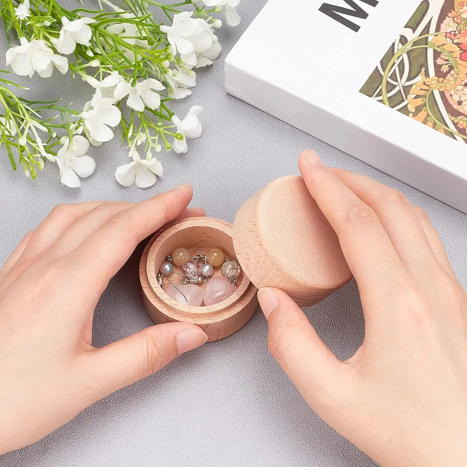 3pcs 2x1.6 Inch Mini Round Wooden Box Small Storage Wooden Box Wedding Ring Jewelry Boxes DIY Storage Trinket Bearer