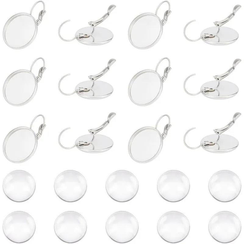 

30 Sets 304 Stainless Steel Leverback Earring Hooks 18mm Flat Round Blank Earring Cabochons Bezel Tray Metal Leverback Earring