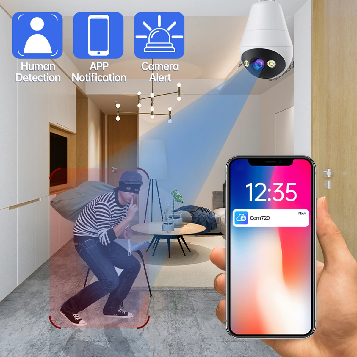 Kamera Pengawas Bohlam Jooan 3MP, Penglihatan Malam Berwarna, Pelacakan Manusia Otomatis, Zoom, Monitor Keamanan Dalam Ruangan, Kamera Wifi