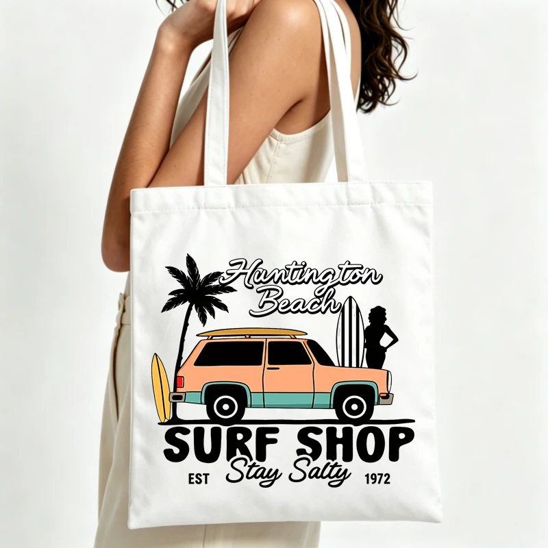 Bolsa de lona con diseño gráfico de coche retro de Surf Shop, perfecta para salidas a la playa y uso casual de verano