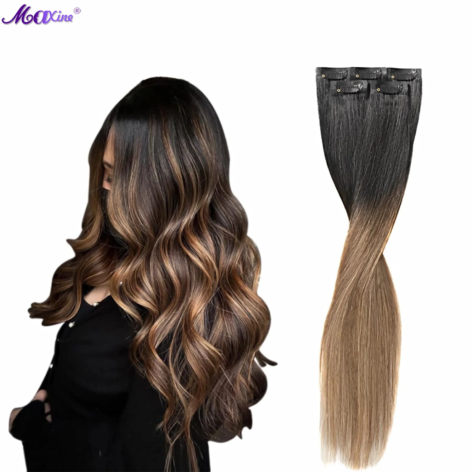 Balayage Natural Black to Chocolate Brown Mix Caramel Blonde Clip in hair extensions  clip in human hair 16 Inch 30g 5pcs