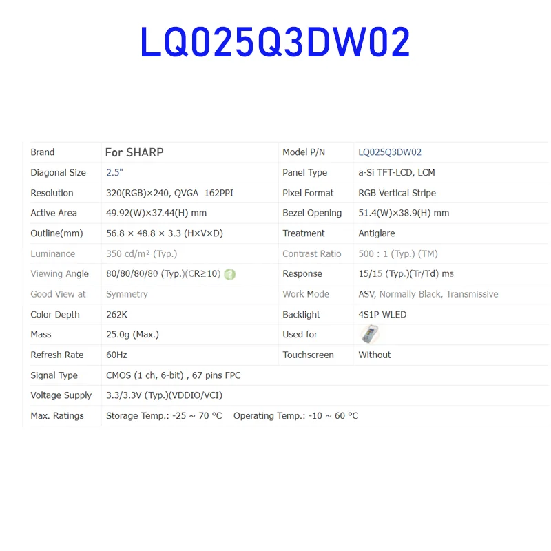 Imagem -05 - Módulos de Painel de Tela Lcd Originais para Sharp Novo Totalmente Testado Lq025q3dw02 25 Polegadas Tft-lcd