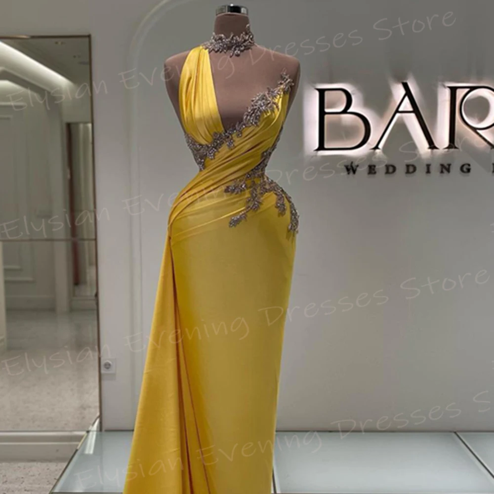 Arabia Modest Yellow Women\'s Mermaid Generous Evening Dresses Sleeveless Beaded Prom Gowns Appliques Formal Party فساتين سهرة