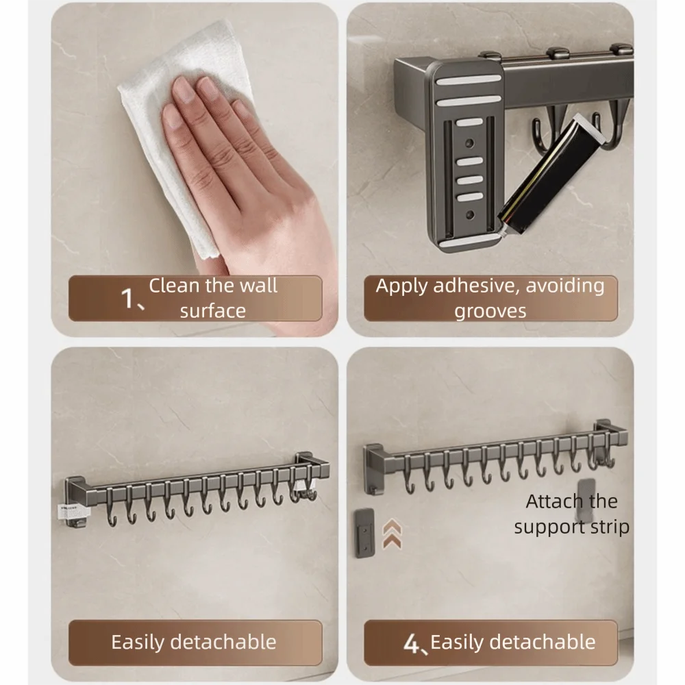 Aluminum Kitchen Organizer Hook Wall Mounted Non Punching Pot Lid Rack Movable Hook Space Saving Kitchen Utensil Organizer