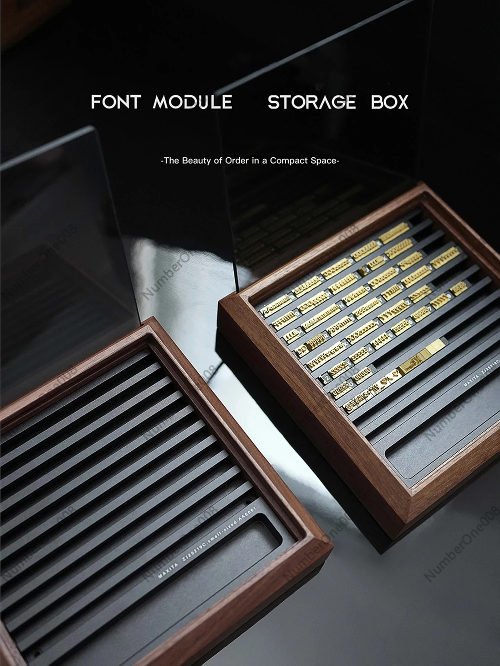 MAXITA Font Module Storage Box - Walnut Wood Leather Hot Stamping Machine Letter Mold Case with Tempered Glass Lid DIY Tool