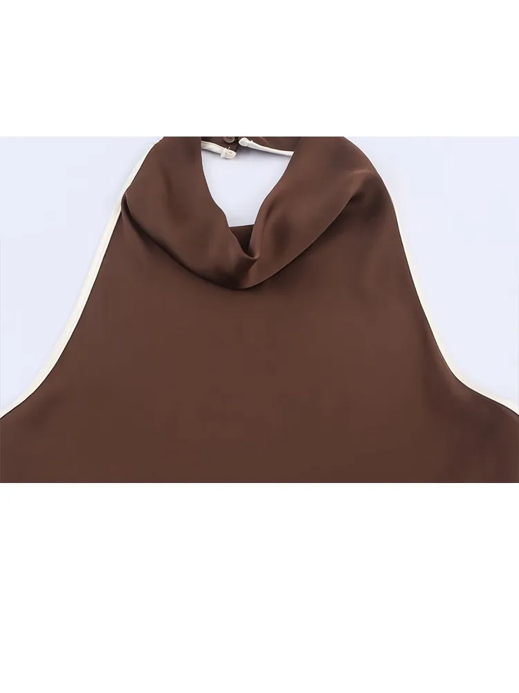 HH mujer moda Sexy espalda descubierta sin mangas vestidos largos mujeres verano elegante cuello colgante diseño de botones vestido de fiesta marrón