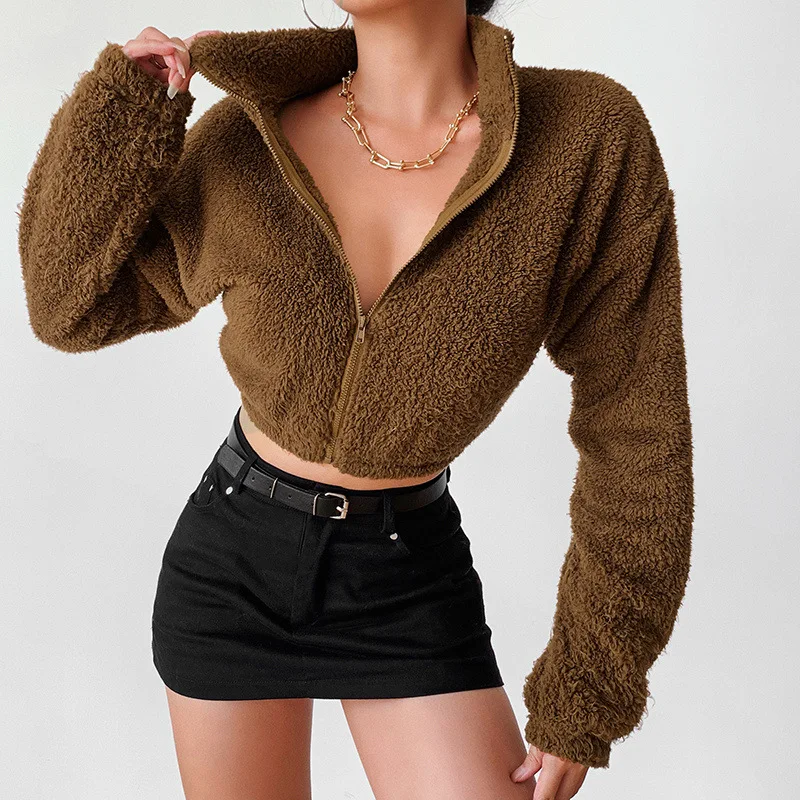 

2024 New Autumn and Winter Women's Pure Color Lamb Wool Cardigan Hipster Stand-up Collar Short Zipper Long-sleeved Top Women