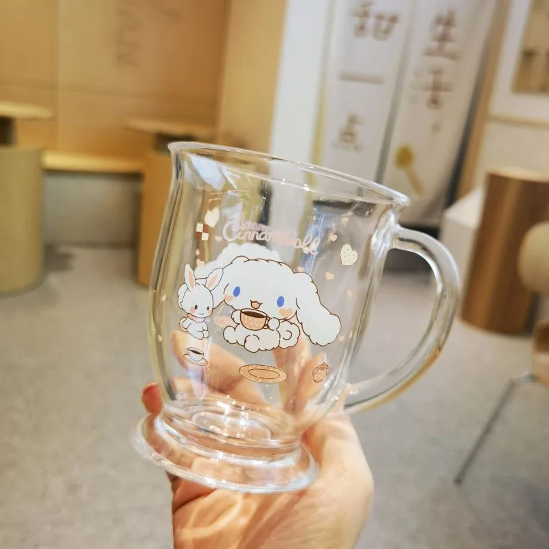 

450ml Miniso Sanrio Kuromi My Melody Cinnamoroll Glass Water Cup Kawaii Printing Cartoon Student Milk Breakfast Cup Girl Gifts