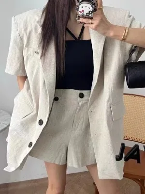 

Women's Loose Cotton Linen Suit Jacket with Slits Wide Leg Short Pants Set Thin Fashionable Summer Two-Piece Ensemble