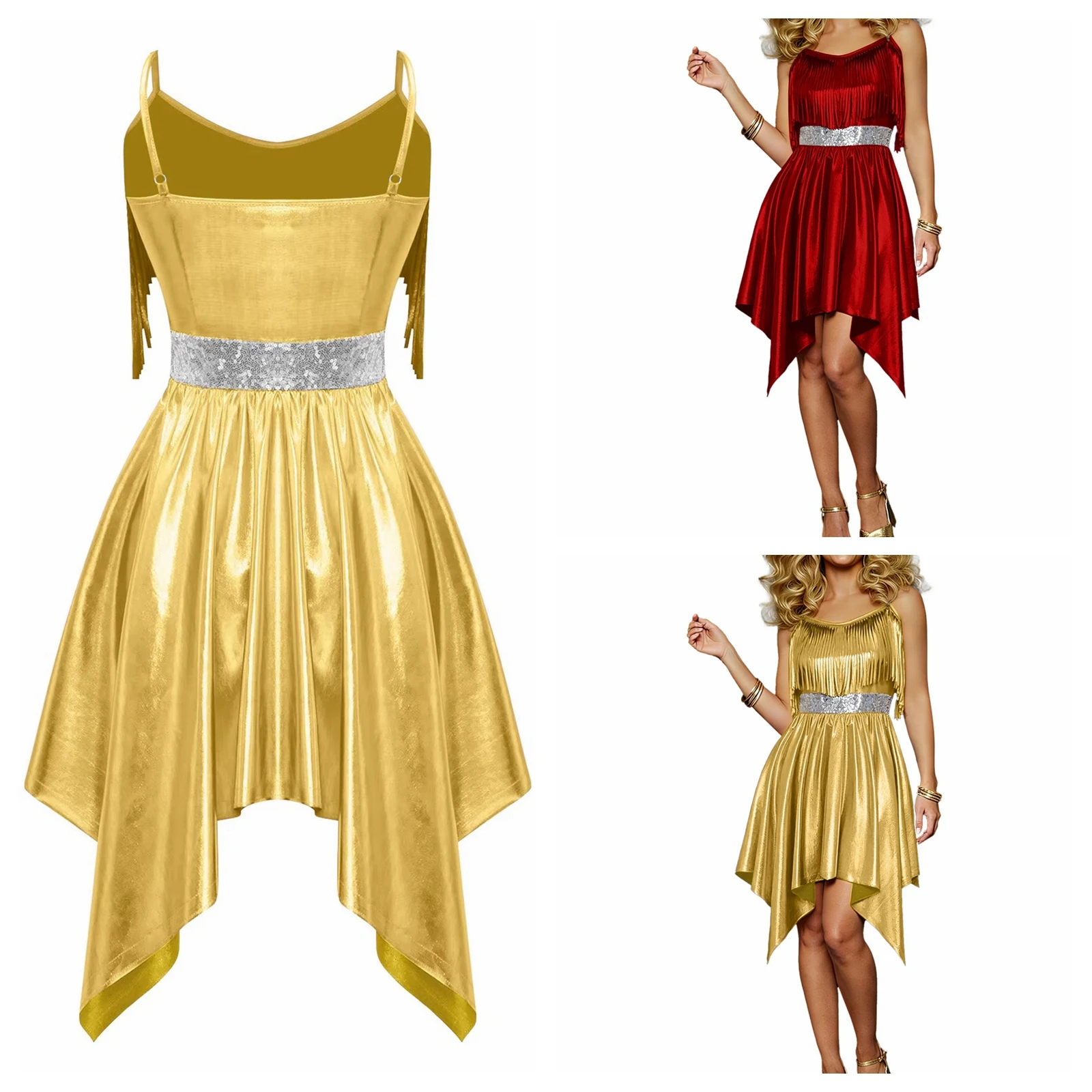 Klassisches 70er Disco-Kostüm für Damen Schillerndes Metallic 80er Disco-Kleid mit Fransen und Unregelmäßigem Saum Nachtclub Tanzparty Trägerkleid