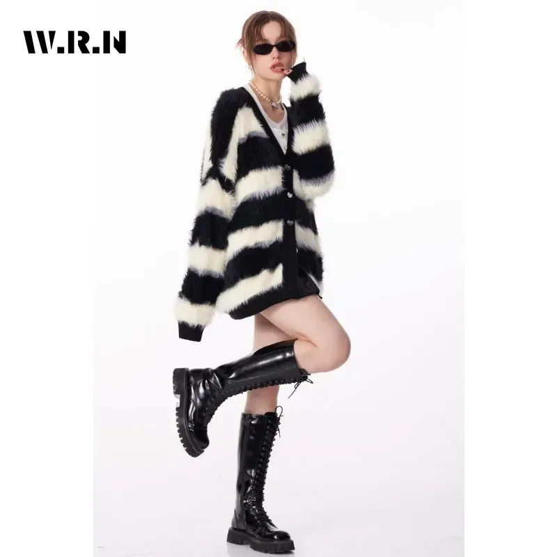 Korean Harajuku Oversized V-neck Mohair Cozy Knitted Cardigan Women Striped Single Breasted Sweater Coat Trendy Spring Fall 2024