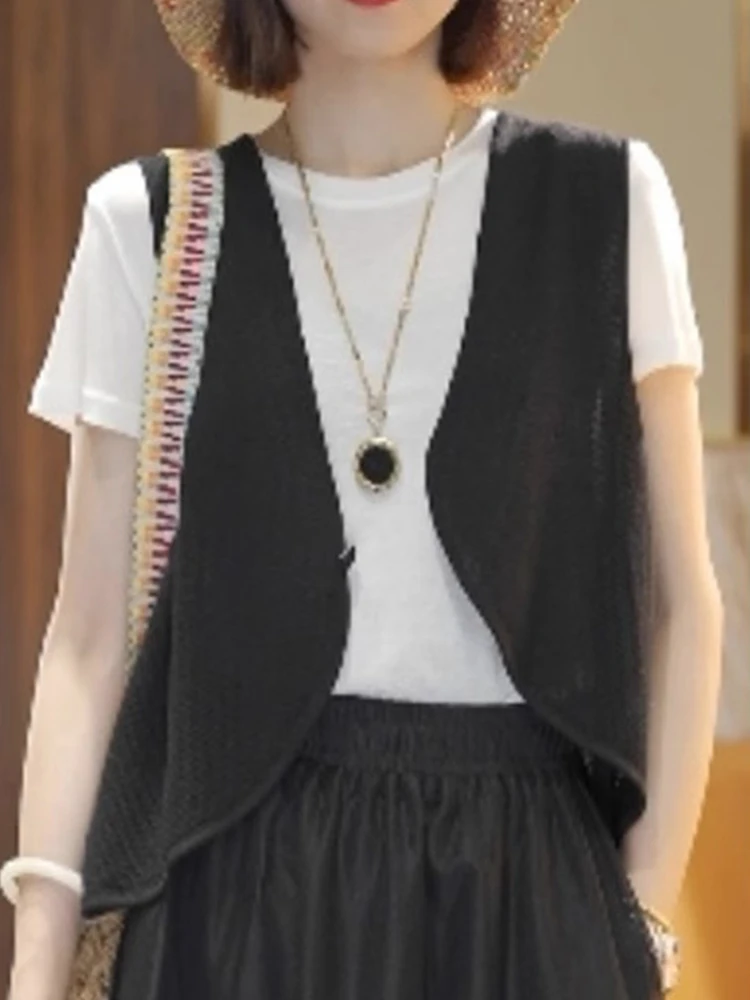 เสื้อกั๊กถักคอวีลำลอง สีพื้นเรียบง่าย สไตล์เกาหลี ทรงตรง ดีไซน์หรูหรา ใส่สบายช่วงฤดูร้อน ช่วยพรางหุ่นให้ดูเพรียว