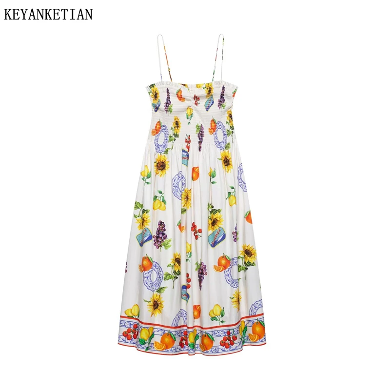 

KEYANKETIAN 2025 Summer New Holiday wind Fruit Flower Print Elastic Waist Slip Dress Women's Slim Backless A Line MIDI Dresses