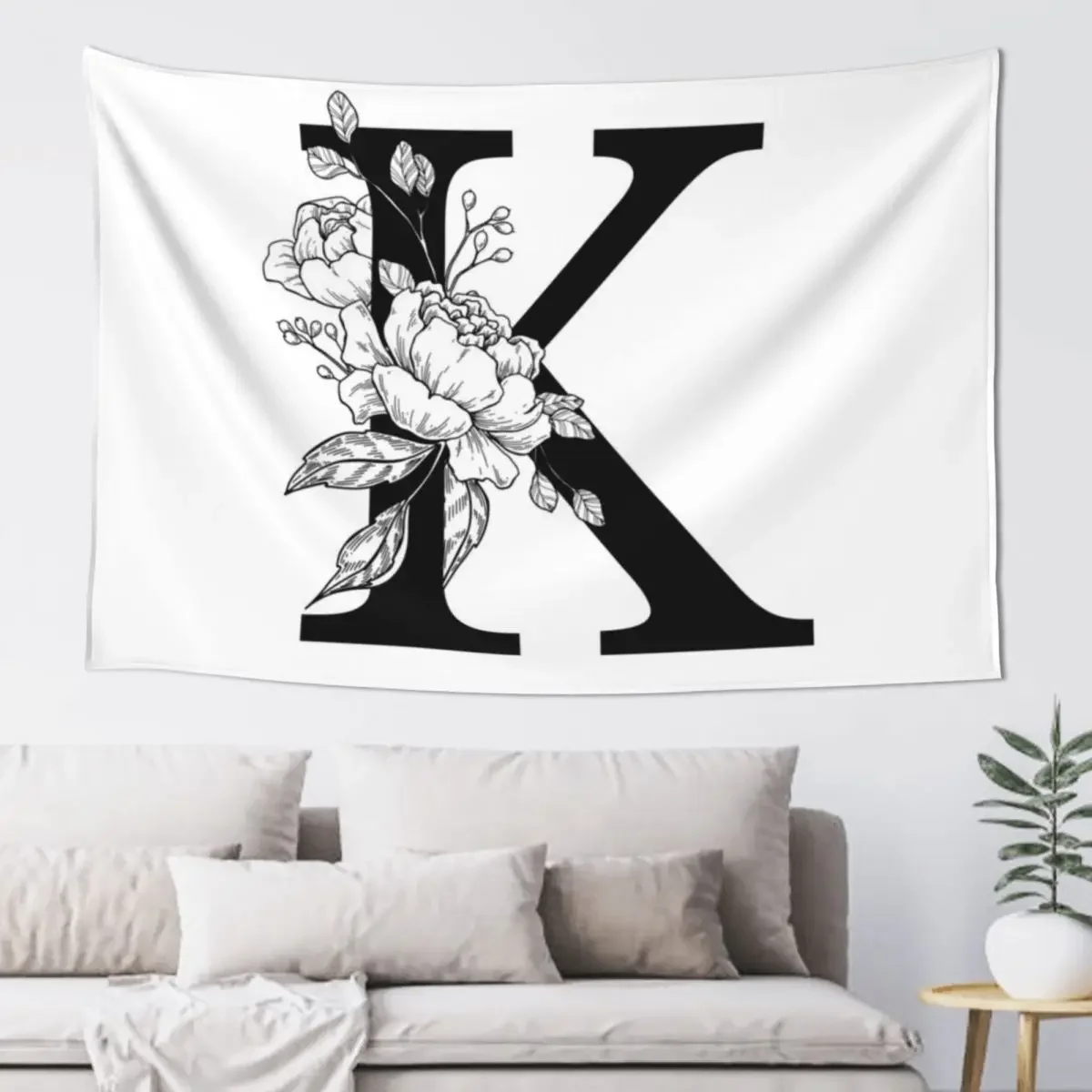 

K Botanical Monogram. Detailed Peony Drawing Tapestry Decoration Aesthetic Aesthetics For Room Decoration For Rooms Tapestry