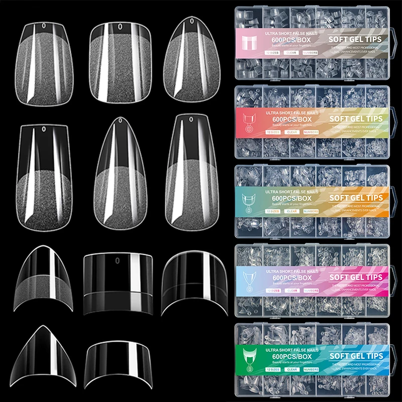 600Pcs/Box Short Half Cover False Nail Tips Acrylic Almond Fake Nails Artificial Extension Soft Gel Tip Salon Manicure Tools