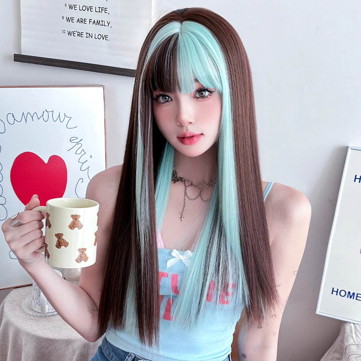 Long Straight Mocha Brown Wig for Women Synthetic Heat-Resistant Modest Fashion Wear and Go ombre Green Wigs with Neat Bangs - view 2