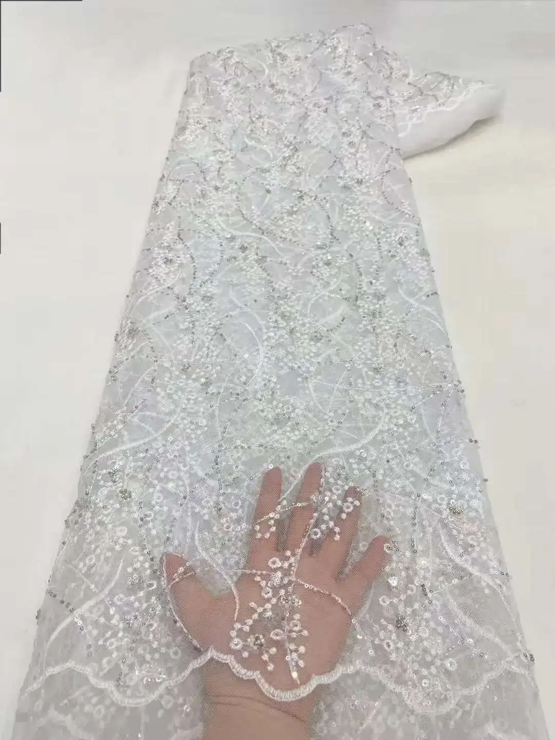 

5Yards African Bridal Lace Fabric with Sequins Beaded Embroidery High Quality French Tulle for Wedding Groom Nigerian Style
