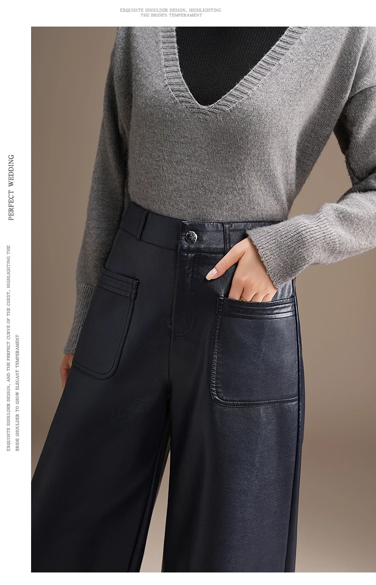 ZUZK High Quality PU Leather Capri Pants New Women 2026 Autumn Winter Chic Short PU Leather Pants Elegant LeatherTrousers