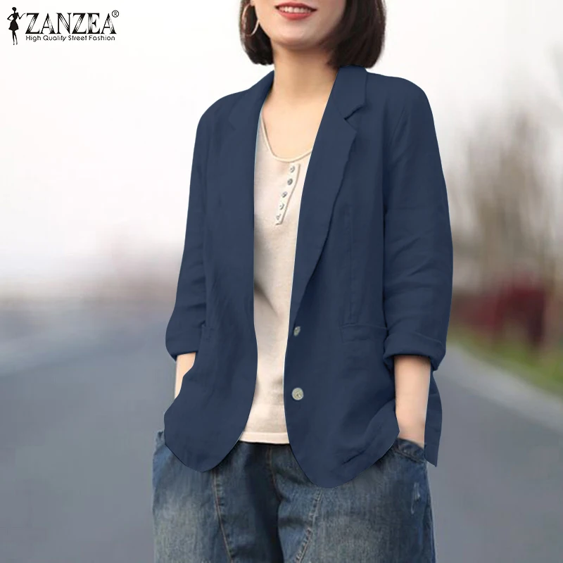 

ZANZEA Casual Cotton Linen Blazer Women Notched Lapel Long Sleeve Solid Color Suit Jackets Office Commuting Wear Woman Clothes