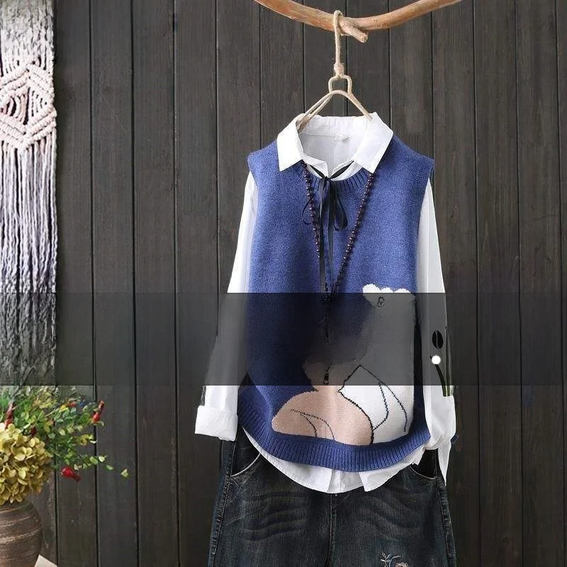 

Loose Women's Knitted round Ne Vest ort Bear Sweater Jaet Autumn Winter Top Korean Sle Commute Pure Color Printed