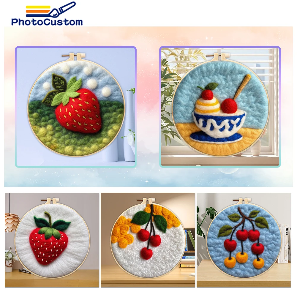 

PhotoCustom 20x20cm Frame Diy Wool Painting Kits Creative Fruit DIY Wool Needle Felt Painting Picture For Home Decors
