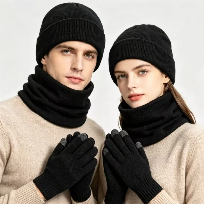 Knitted Hat Scarf Gloves Three Piece Set Acrylic Velvet Cold Proof Neck Cover Thermal Hat Gloves Set Men Women Winter Warm