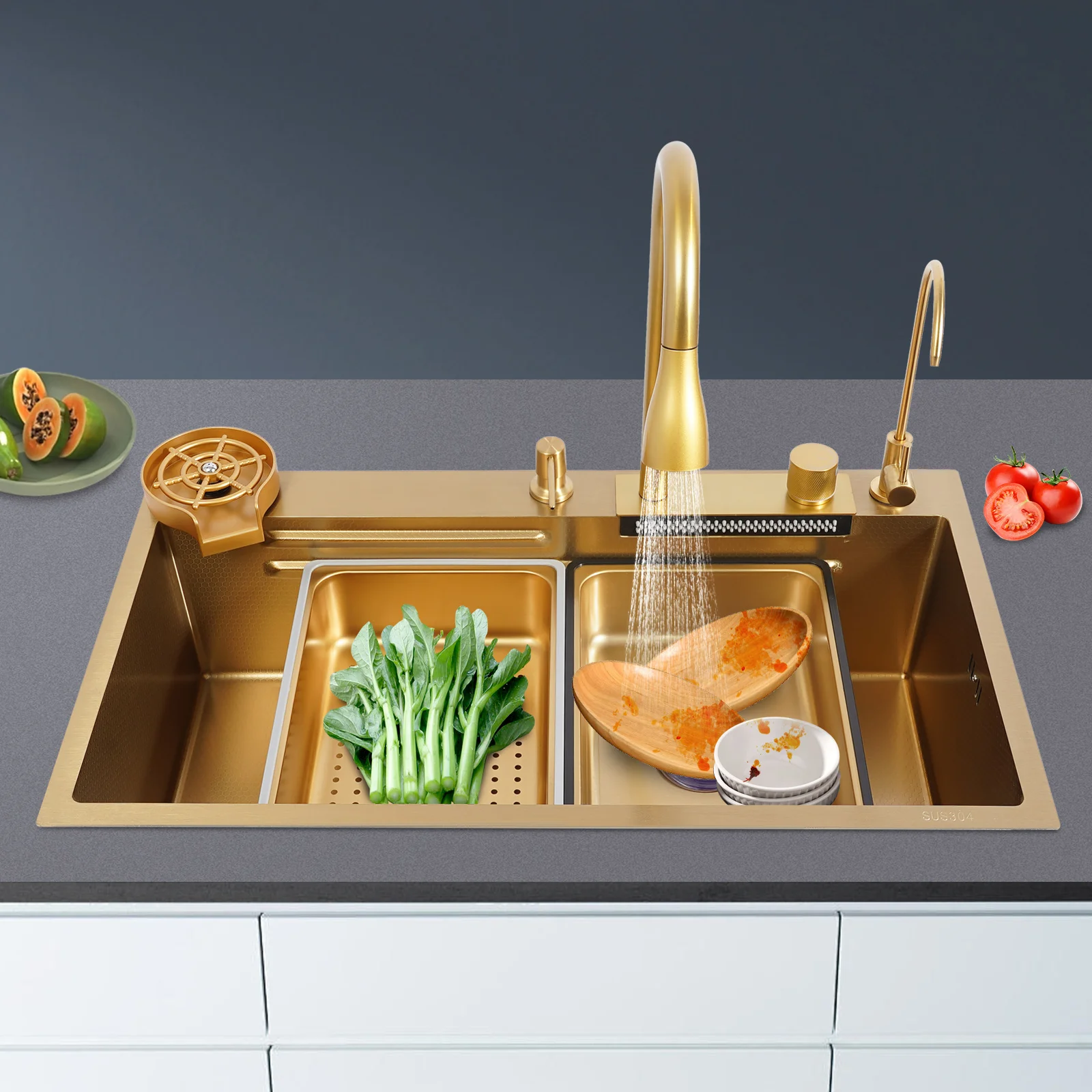 

Drop in Waterfall Kitchen Sink Workstation, Stainess Steel Waterfall Sink Top Mount, Kitchen Sink with Faucet & Glass Rinser
