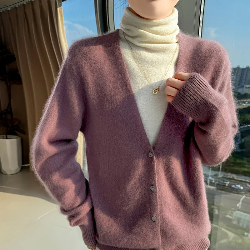 Women's V-Neck 100% Pure Mink Cashmere Cardigan Autumn New Solid Color Large size Coat Casual Loose Knitwear High Quality Shirt view 5